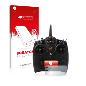 Parte frontal de un envase de producto con el logotipo de la marca upscreen. Al lado se muestra el dispositivo Spektrum DX8 G2