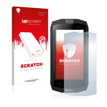 Parte frontal de un envase de producto con el logotipo de la marca upscreen. Al lado se muestra el dispositivo Crosscall Trekk