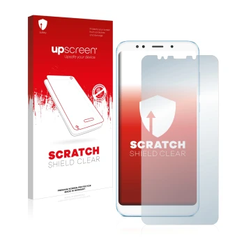 Parte frontal de un envase de producto con el logotipo de la marca upscreen. Al lado se muestra el dispositivo Xiaomi Redmi 5 