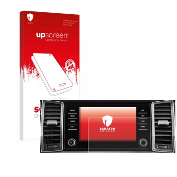 Parte frontal de un envase de producto con el logotipo de la marca upscreen. Al lado se muestra el dispositivo Skoda Columbus 