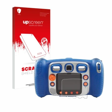 Parte frontal de un envase de producto con el logotipo de la marca upscreen. Al lado se muestra el dispositivo Vtech Kidizoom 