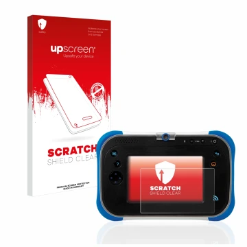 Parte frontal de un envase de producto con el logotipo de la marca upscreen. Al lado se muestra el dispositivo Vtech Storio Ma