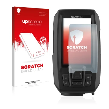 Parte frontal de un envase de producto con el logotipo de la marca upscreen. Al lado se muestra el dispositivo Garmin Striker 