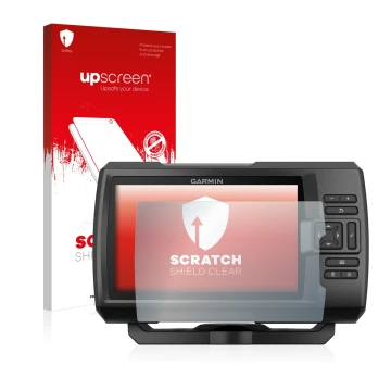 Parte frontal de un envase de producto con el logotipo de la marca upscreen. Al lado se muestra el dispositivo Garmin Striker 