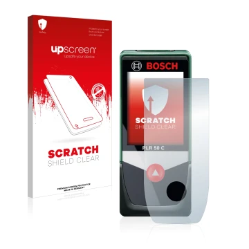 Parte frontal de un envase de producto con el logotipo de la marca upscreen. Al lado se muestra el dispositivo Bosch PLR 50 C 