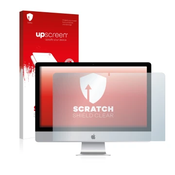 Parte frontal de un envase de producto con el logotipo de la marca upscreen. Al lado se muestra el dispositivo Apple iMac 21.5