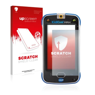 Parte frontal de un envase de producto con el logotipo de la marca upscreen. Al lado se muestra el dispositivo Vtech Kidicom M