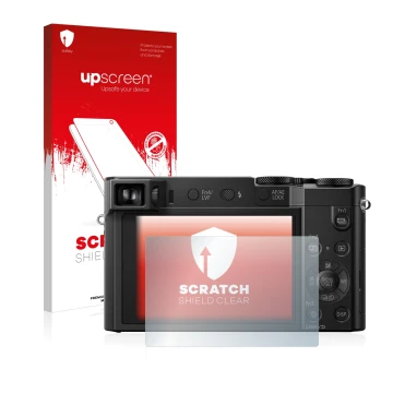 Parte frontal de un envase de producto con el logotipo de la marca upscreen. Al lado se muestra el dispositivo Panasonic Lumix