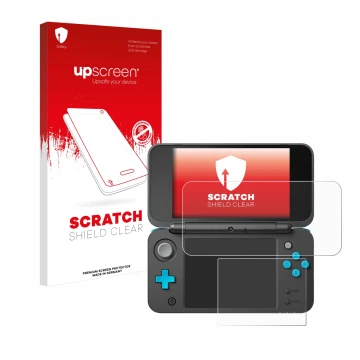 Parte frontal de un envase de producto con el logotipo de la marca upscreen. Al lado se muestra el dispositivo New Nintendo 2D