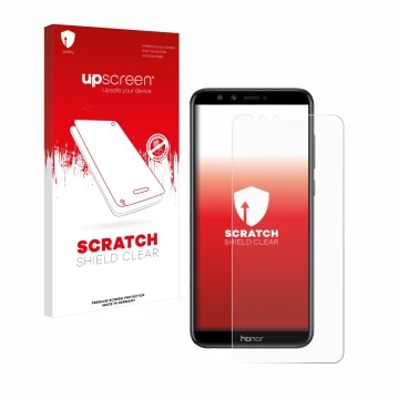 Parte frontal de un envase de producto con el logotipo de la marca upscreen. Al lado se muestra el dispositivo Honor 9 Lite co