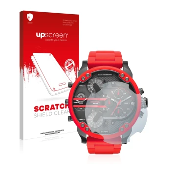 Parte frontal de un envase de producto con el logotipo de la marca upscreen. Al lado se muestra el dispositivo Diesel DZ7370 c