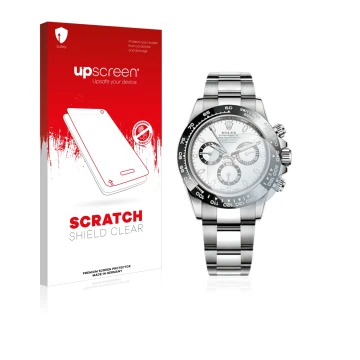 Parte frontal de un envase de producto con el logotipo de la marca upscreen. Al lado se muestra el dispositivo Rolex Cosmograp