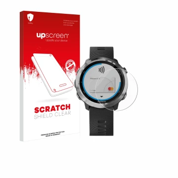 Parte frontal de un envase de producto con el logotipo de la marca upscreen. Al lado se muestra el dispositivo Garmin Forerunn