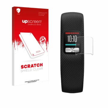 Parte frontal de un envase de producto con el logotipo de la marca upscreen. Al lado se muestra el dispositivo Garmin Vivofit 