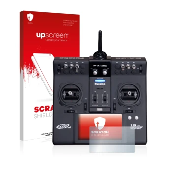 Parte frontal de un envase de producto con el logotipo de la marca upscreen. Al lado se muestra el dispositivo Robbe Futaba FX