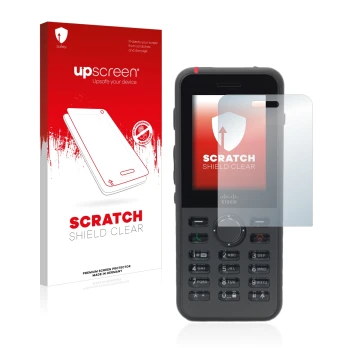 Parte frontal de un envase de producto con el logotipo de la marca upscreen. Al lado se muestra el dispositivo Cisco IP Phone 