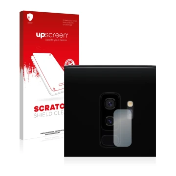 Parte frontal de un envase de producto con el logotipo de la marca upscreen. Al lado se muestra el dispositivo Samsung Galaxy 