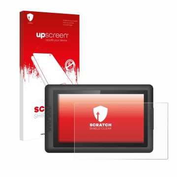 Parte frontal de un envase de producto con el logotipo de la marca upscreen. Al lado se muestra el dispositivo XP-Pen Artist 1