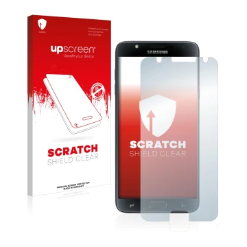 Parte frontal de un envase de producto con el logotipo de la marca upscreen. Al lado se muestra el dispositivo Samsung Galaxy 