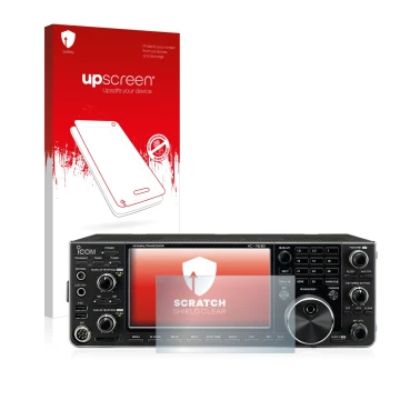 Parte frontal de un envase de producto con el logotipo de la marca upscreen. Al lado se muestra el dispositivo Icom IC-7610 co