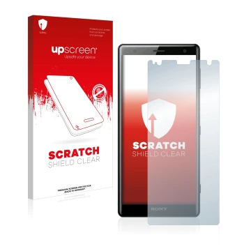 Parte frontal de un envase de producto con el logotipo de la marca upscreen. Al lado se muestra el dispositivo Sony Xperia XZ2