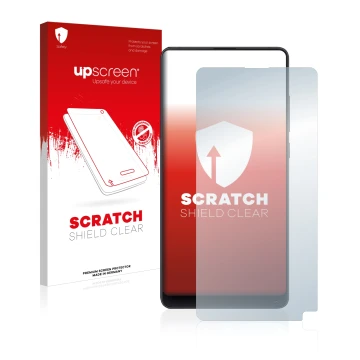 Parte frontal de un envase de producto con el logotipo de la marca upscreen. Al lado se muestra el dispositivo Xiaomi Mi Mix 2