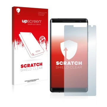 Parte frontal de un envase de producto con el logotipo de la marca upscreen. Al lado se muestra el dispositivo Nokia 8 Sirocco