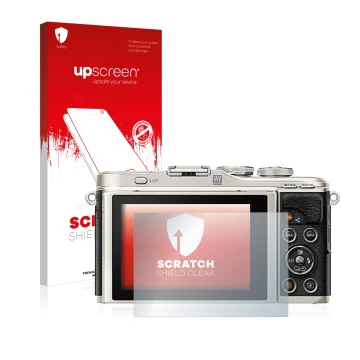Parte frontal de un envase de producto con el logotipo de la marca upscreen. Al lado se muestra el dispositivo Olympus PEN E-P