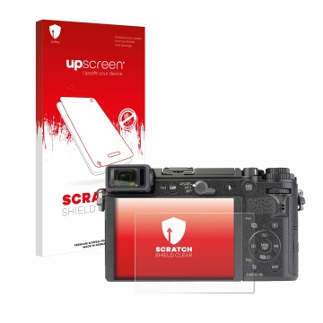 Parte frontal de un envase de producto con el logotipo de la marca upscreen. Al lado se muestra el dispositivo Panasonic Lumix