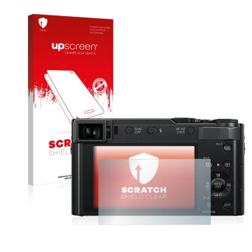 Parte frontal de un envase de producto con el logotipo de la marca upscreen. Al lado se muestra el dispositivo Panasonic Lumix