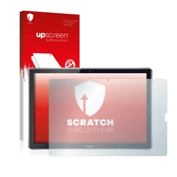 Parte frontal de un envase de producto con el logotipo de la marca upscreen. Al lado se muestra el dispositivo Huawei MediaPad