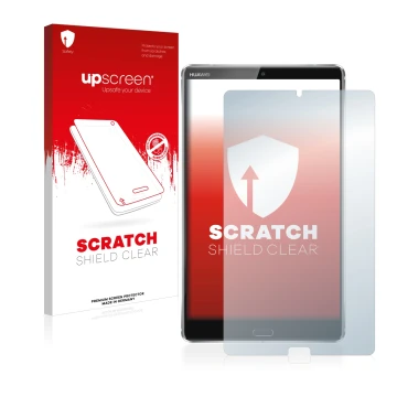 Parte frontal de un envase de producto con el logotipo de la marca upscreen. Al lado se muestra el dispositivo Huawei MediaPad