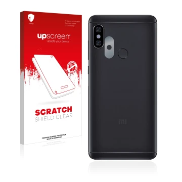 Parte frontal de un envase de producto con el logotipo de la marca upscreen. Al lado se muestra el dispositivo Xiaomi Redmi No