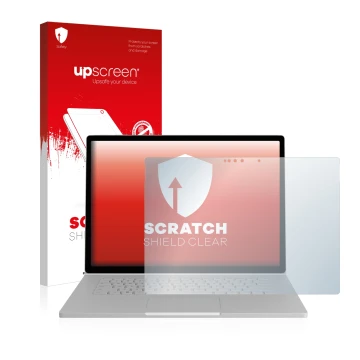 Parte frontal de un envase de producto con el logotipo de la marca upscreen. Al lado se muestra el dispositivo Microsoft Surfa