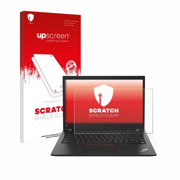Parte frontal de un envase de producto con el logotipo de la marca upscreen. Al lado se muestra el dispositivo Lenovo ThinkPad