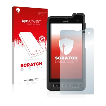 Parte frontal de un envase de producto con el logotipo de la marca upscreen. Al lado se muestra el dispositivo Sonim XP8 con s