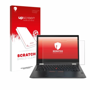 Parte frontal de un envase de producto con el logotipo de la marca upscreen. Al lado se muestra el dispositivo Lenovo ThinkPad