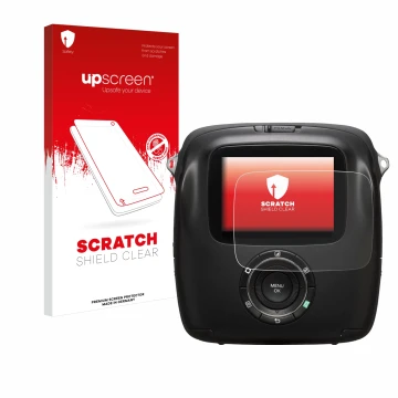 Parte frontal de un envase de producto con el logotipo de la marca upscreen. Al lado se muestra el dispositivo Fujifilm Instax