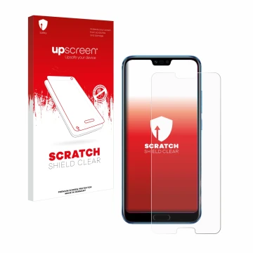 Parte frontal de un envase de producto con el logotipo de la marca upscreen. Al lado se muestra el dispositivo Honor 10 con su