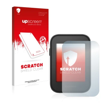Parte frontal de un envase de producto con el logotipo de la marca upscreen. Al lado se muestra el dispositivo Garmin Approach