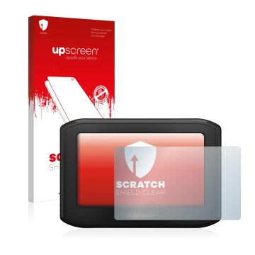 Parte frontal de un envase de producto con el logotipo de la marca upscreen. Al lado se muestra el dispositivo Garmin zumo 396