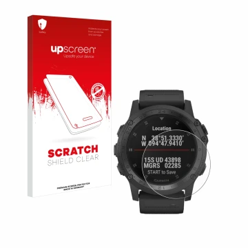 Parte frontal de un envase de producto con el logotipo de la marca upscreen. Al lado se muestra el dispositivo Garmin Tactix C