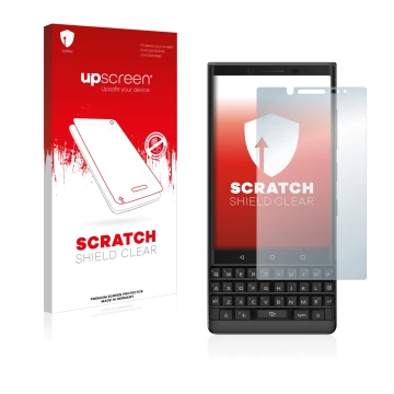 Parte frontal de un envase de producto con el logotipo de la marca upscreen. Al lado se muestra el dispositivo BlackBerry Key2