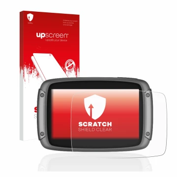 Parte frontal de un envase de producto con el logotipo de la marca upscreen. Al lado se muestra el dispositivo TomTom Rider 55