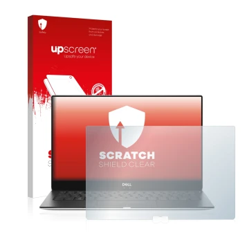 Parte frontal de un envase de producto con el logotipo de la marca upscreen. Al lado se muestra el dispositivo Dell XPS 13 937