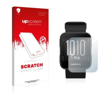 Parte frontal de un envase de producto con el logotipo de la marca upscreen. Al lado se muestra el dispositivo Garmin Approach