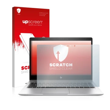 Parte frontal de un envase de producto con el logotipo de la marca upscreen. Al lado se muestra el dispositivo HP EliteBook 84