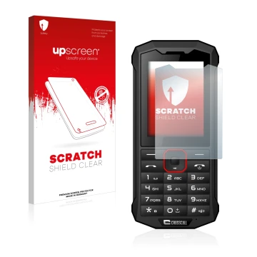 Parte frontal de un envase de producto con el logotipo de la marca upscreen. Al lado se muestra el dispositivo Crosscall Spide