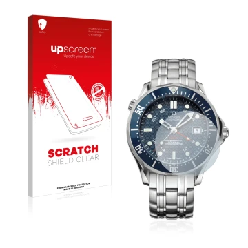 Parte frontal de un envase de producto con el logotipo de la marca upscreen. Al lado se muestra el dispositivo Omega Seamaster