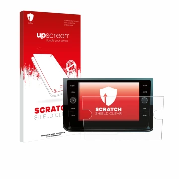 Parte frontal de un envase de producto con el logotipo de la marca upscreen. Al lado se muestra el dispositivo Volkswagen Polo